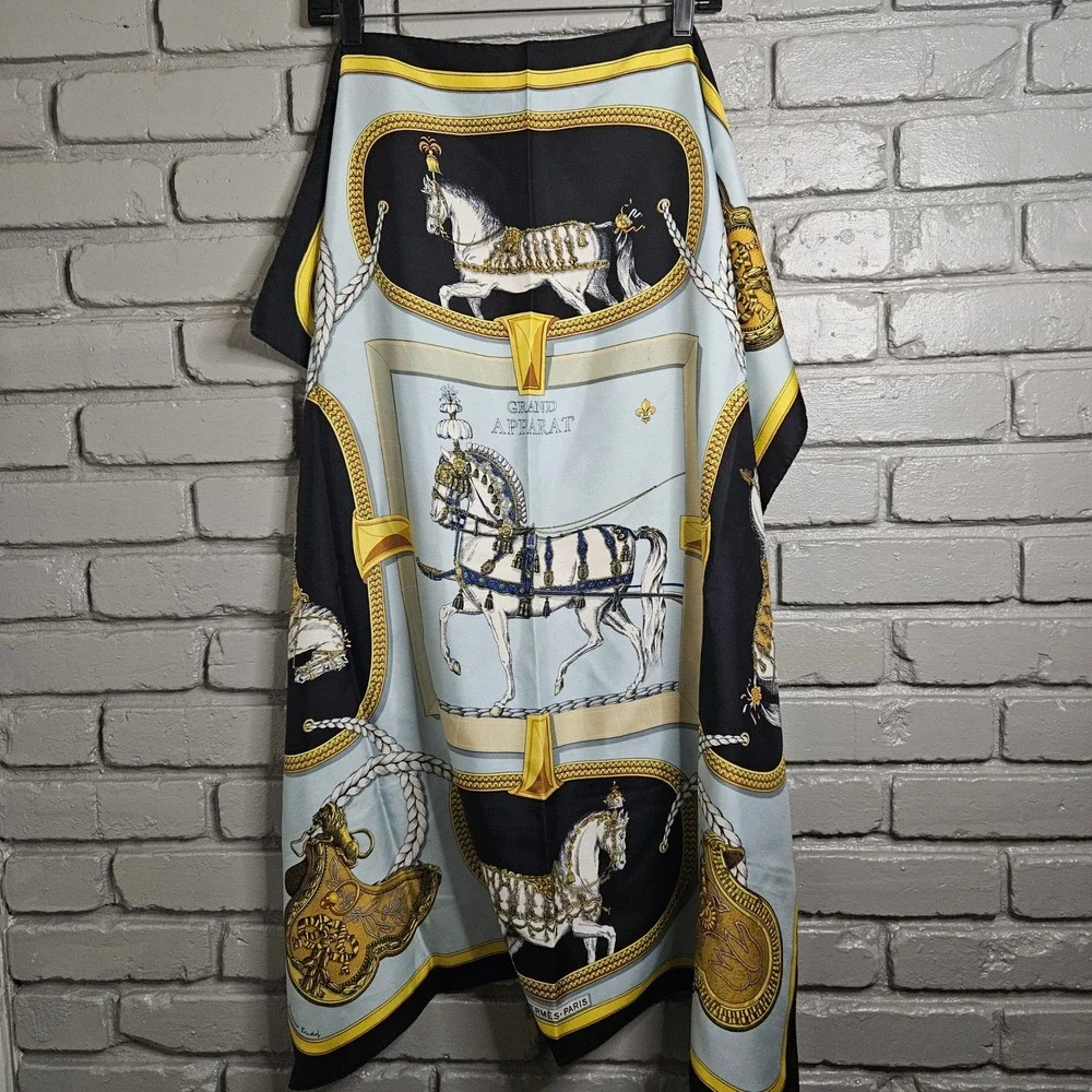 Hermes Grand Apparat Silk Scarf Jacques Eudel Blue‎ Black Gold Equestrian 16.5in